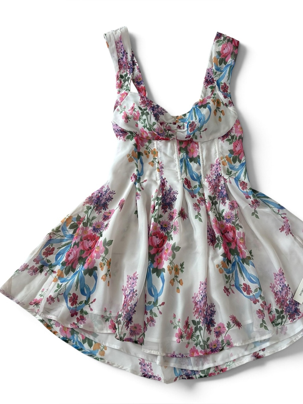 NWT For Love & Lemons August Mini Dress Floral Garden Fairy Bows Cottage Boned